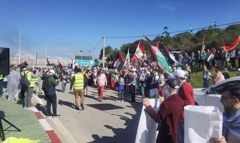 بالأعلام الفلسطينة …احتجاجات أمام ميناء طنجة رفضا لرسو سفينة أسلحة متجهة لإسرائيل